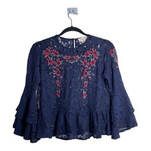 Anthropology Luna Moon Sz XS Boho Sheer Floral Lace Embroidery Bell Sleeve Top